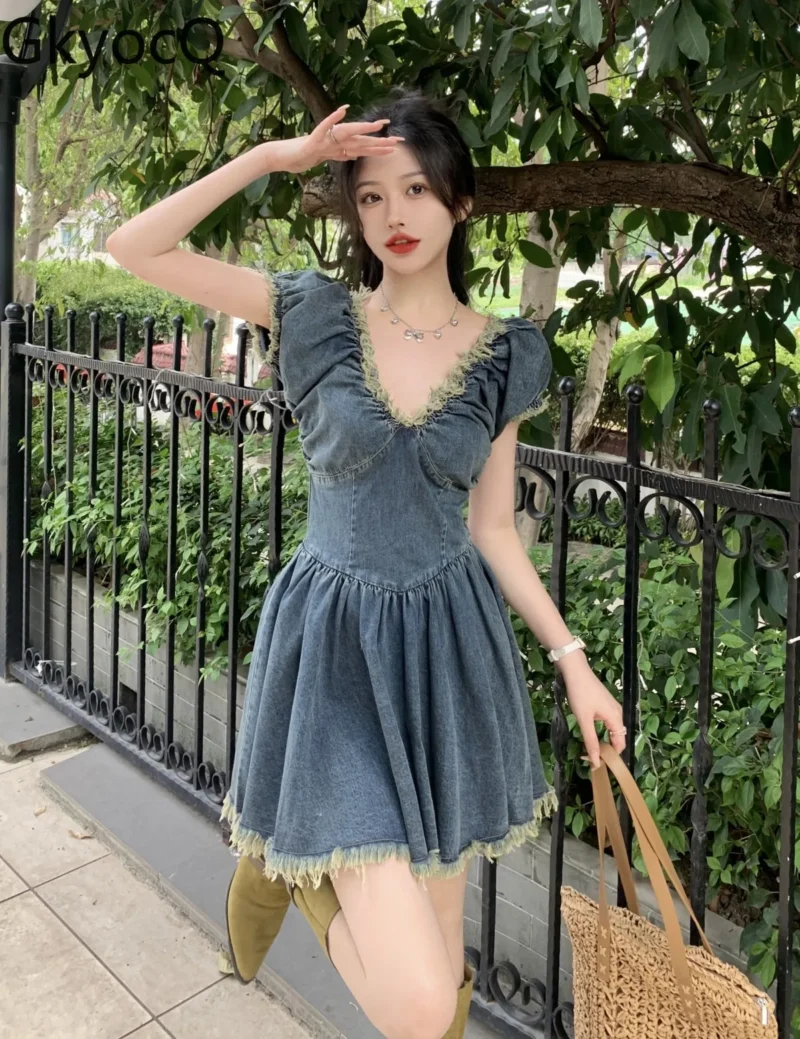 GkyocQ American Retro New Women Dress Hot Sweet Puff Sleeve V Neck Slim A Line Denim Short Dresses Pleated Sexy Girls Vestidos 1