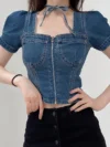 Sexy Denim Square Collar Women T-shirt Short Puff Sleeve Zipper Blue Crop Top Lace Up Slim Fit Beauty Back Summer Tops indie y2k 1