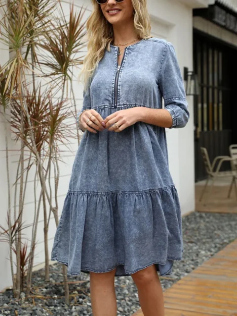 New Dress Women Spring Summer Imitation Denim Vintage Dress Solid Female Fashion Casual Blue Dress Knee-Length O-Neck Clothes 1