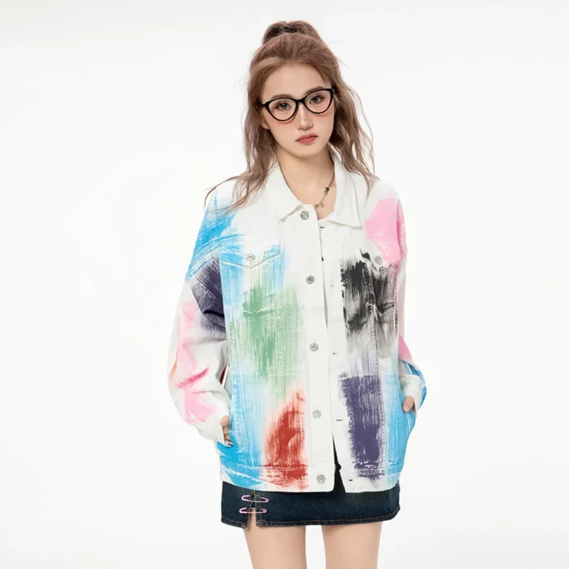 Ladies Painted Spray White Denim Jacket Oversize Mens Single-breasted Button Up Loose Casual Couple Colour Decoration Jackets 3