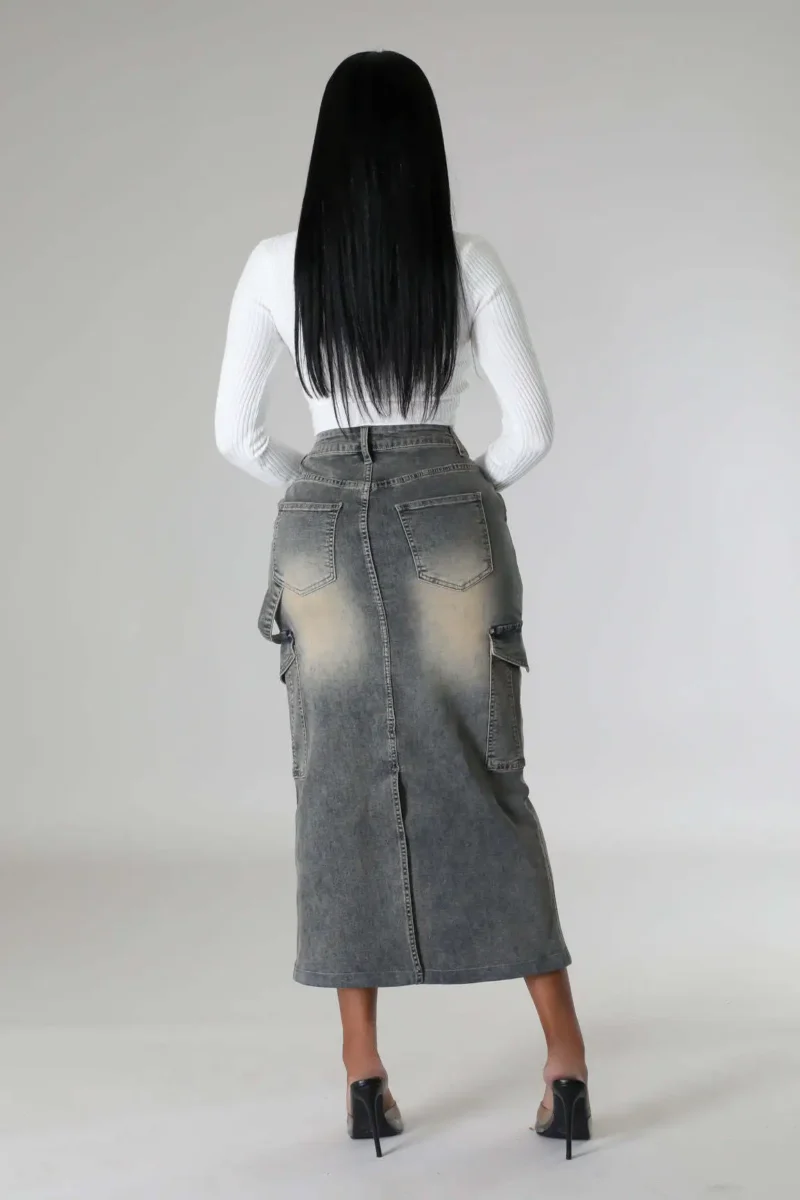 2024 British Style Slimming Sense of Design Pure Sweet and Spicy Style New Elastic Denim Skirt Long Skirt Pocket 2
