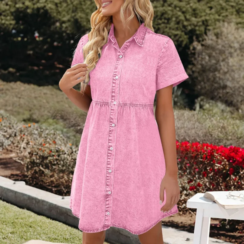 Women's Summer Casual Denim Dress Short Sleeve Button Front High Waist Denim Dress Female Party Jeans Dress Vestidos 3