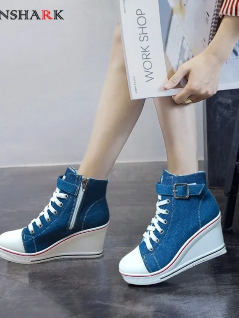 Denim Blue Women's Ultra Light High Top Canvas Sneakers Hidden Invisible Heel Wedge Shoes Casual Breathable Platform Sneakers 1