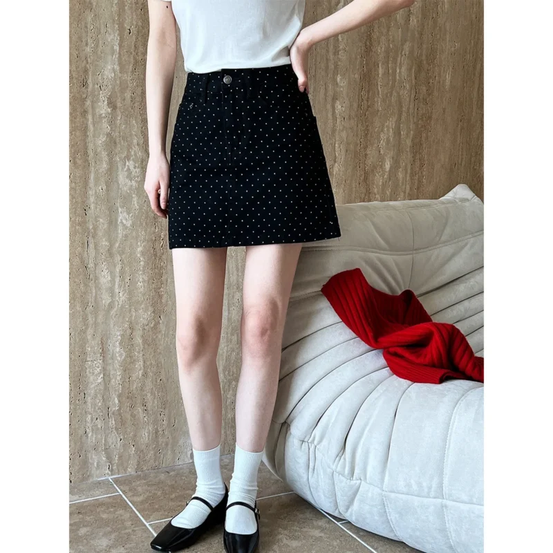 Polka Dot Denim High Waist A-line Half 2024 New Slim Wrap Hip Short Skirt for Women 3