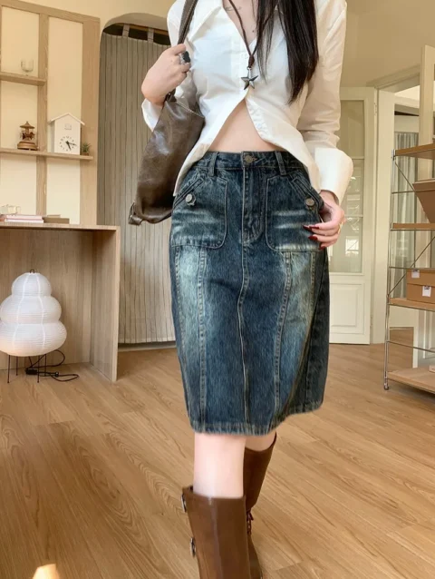 Spring and Summer New American Retro Wash Thin Straight A-line Denim Skirt 2024 New Fashionable Outdoor Clothes 5