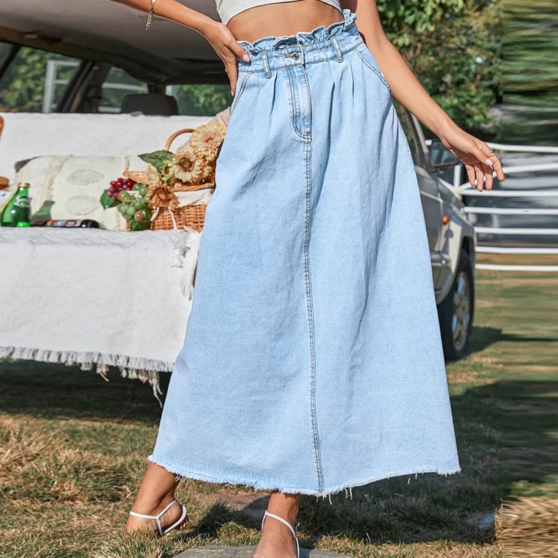Skirts For Women Female Casual And Fashion A Line High Waist Loose Mid Length Denim Skirt Ladies Large Swing Loose Streetwear 4