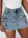 Women's Skirt 2024 Summer Fashion Pocket Design Buckled Casual High Waist Plain Daily Skinny Mini Denim Skirt Y2K Streetwear 1