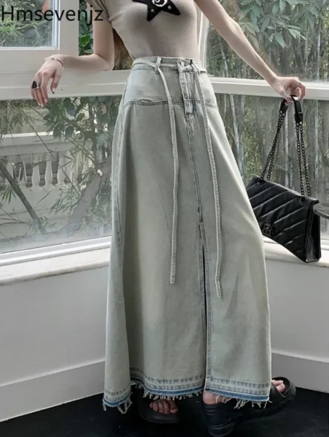 Retro Distressed Raw Edge Denim Skirts for Women Early Spring Spicy Girls Split High Waisted Loose Causal A-line Long Skirt 1