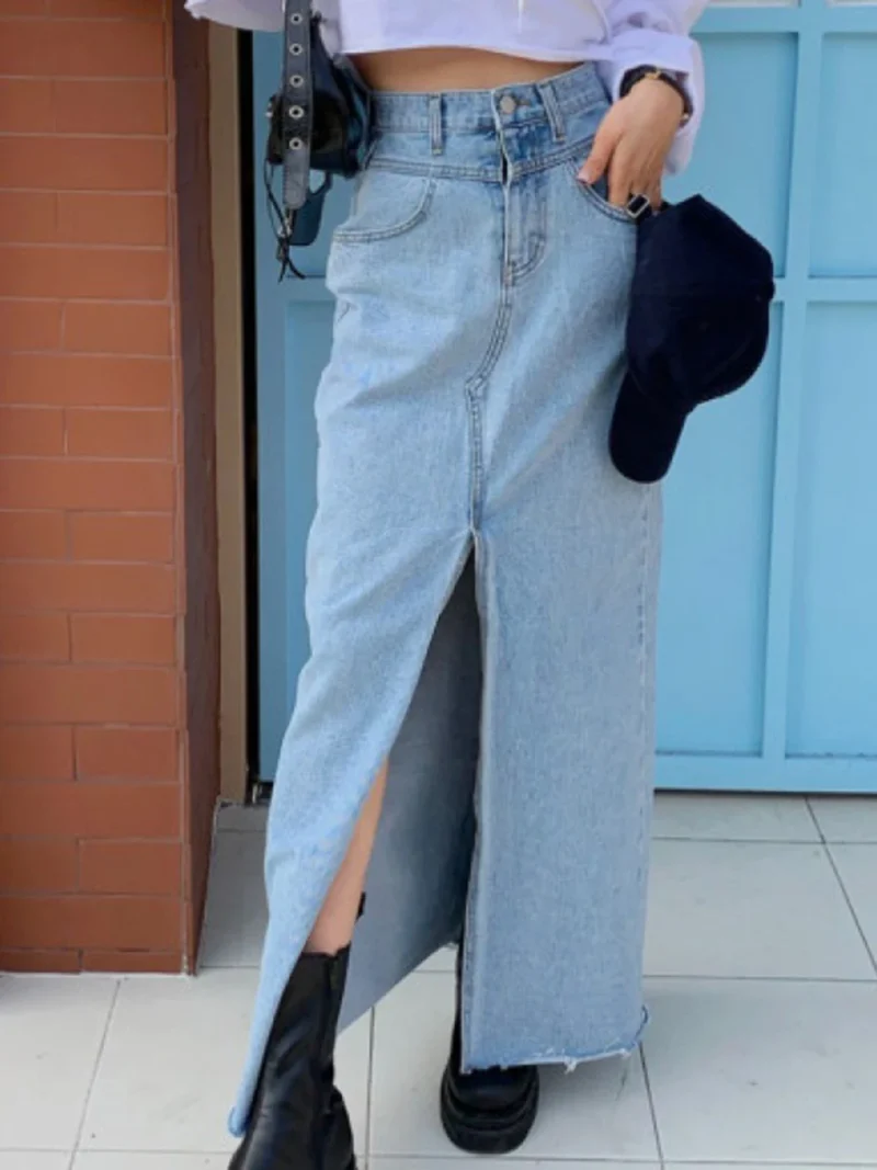 Classic Blue Denim Skirts For Women High Waist Pocket Straight Split Midi Skirt 2024 New Summer Streetwear Fashion Long Faldas 3