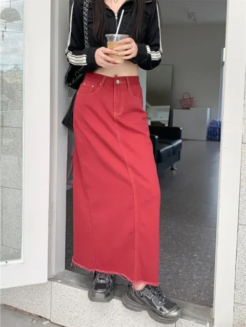 Denim Spring Autumn Long A-Line Skirts Women Retro Modis High Waist Split Pleated Ladies Skirts Korean Style Casual Woman Skirts 1