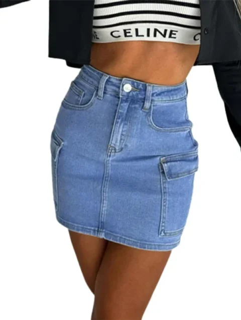 Women Multi Pockets Splicing Sexy Wrap Hip Denim Skirt Fashion Casual Office Wear Female High Waist Ultra Short Half-body Dress 1