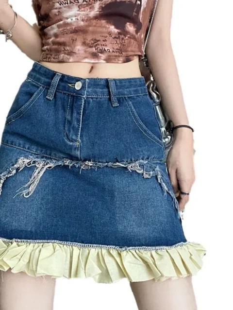 Summer High-waisted Denim Half-skirt for Women Irregular Lace Vintage Short Y2k Skirt Sexy Spice Girls Slim Fashion Mini Skirts 5