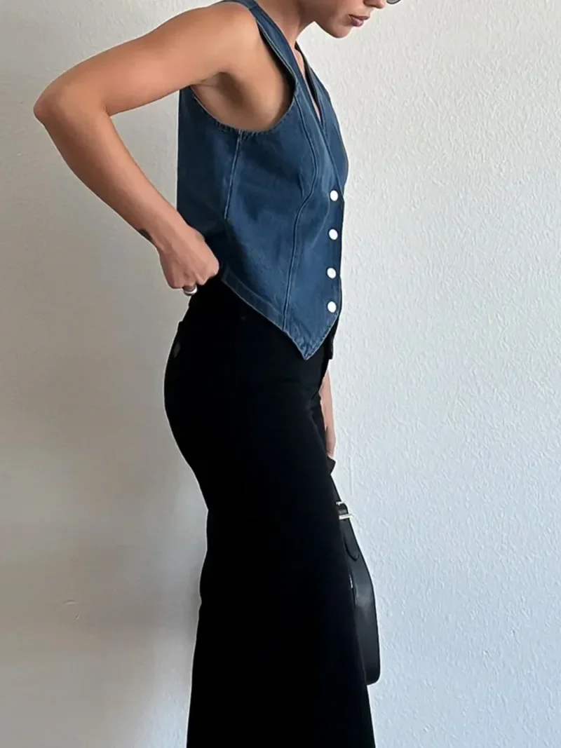 Women Y2K Vintage Denim Vest Corset Sleeveless Waistcoat V-Neck Tank Tops Button Down Irregular Hem Jean Slim Jackets 6