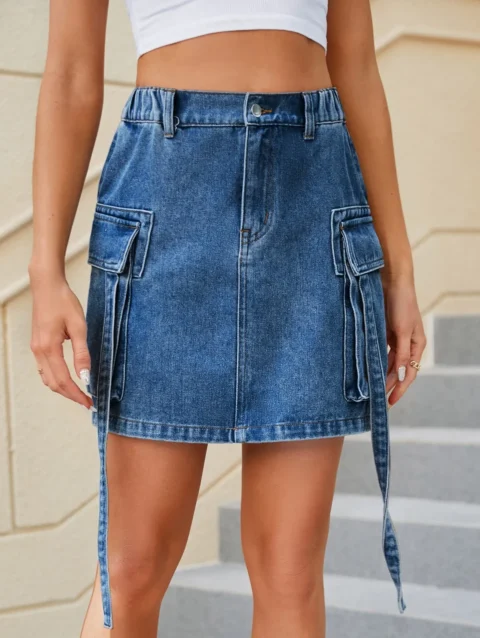 Fashion Deep Blue Cargo Denim Skirt Women Summer Solid Color High Waist Bandage With Big Pockets Mini Skirt High Street Clothing 1