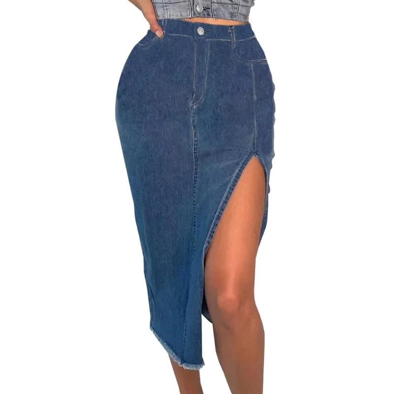 Skirts Women Sexy Mid Length Denim Skirt Slim Fit Streetwear Y2k Summer Tight High Waist Splice Hip Wrap Office Casual 2024 4