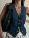 Women Y2K Vintage Denim Vest Corset Sleeveless Waistcoat V-Neck Tank Tops Button Down Irregular Hem Jean Slim Jackets 1