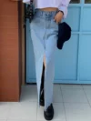 Classic Blue Denim Skirts For Women High Waist Pocket Straight Split Midi Skirt 2024 New Summer Streetwear Fashion Long Faldas 1