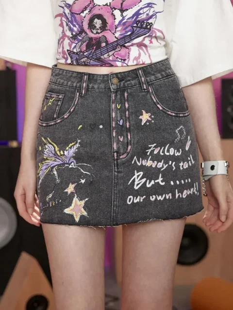 In the summer of 2024 the new cartoon graffiti bag hip skirt y2kgothic style american fashion a word handsome street jeans skirt 1