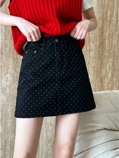 Polka Dot Denim High Waist A-line Half 2024 New Slim Wrap Hip Short Skirt for Women 1