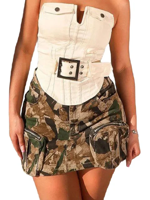 Benuynffy Camouflage Print Cargo Mini Skirts Women American Streetwear Y2k Zipper Pockets High Waist Stretch Bodycon Short Skirt 2