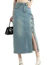Retro High Waist Slim Fit Split Denim Skirt 2024 Summer Fashion Women'S Clothing 1