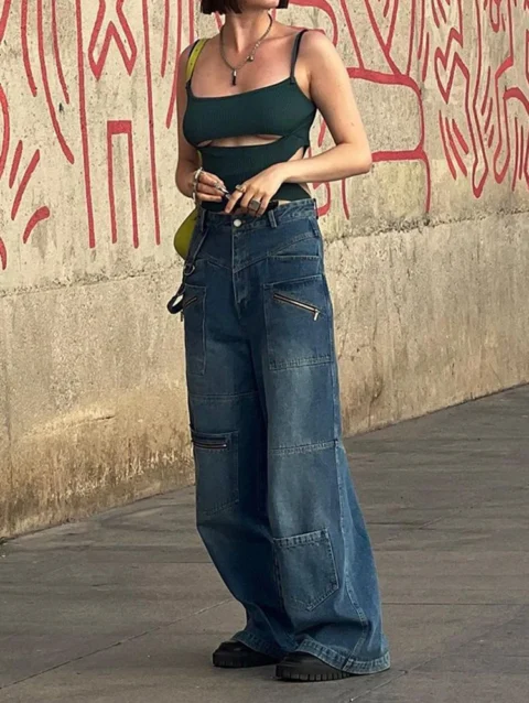SUCHCUTE Streetwear Zipper Women Jeans Korean Fashion Low Waist Denim Trousers Y2K Harajuku Casual Pocket Up Loose Pants 2000s 2