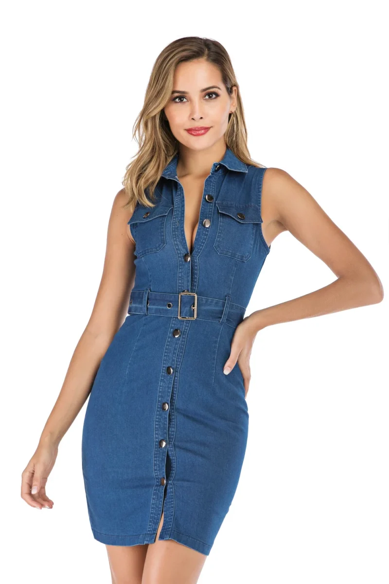 Sexy sleeveless Denim Summer Dress Women vintage Mini Bodycon dress elegant bandage wrap club Party Dresses clothes Vestidos New 6