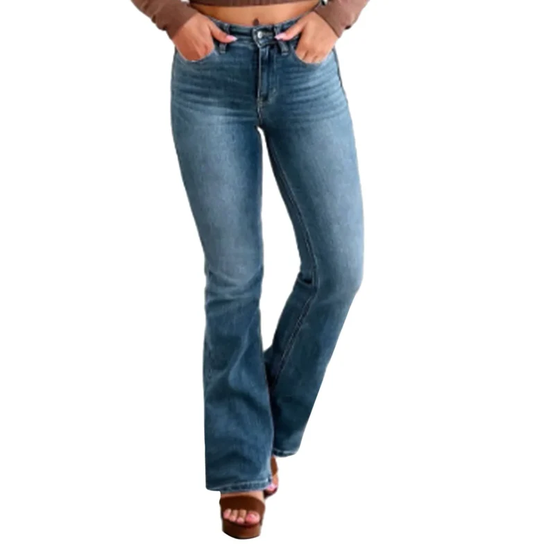 High-stretch stacked waist flare bootcut jeans with button-fly closure in Light Blue, Dark Blue, and Blue. Slim fit, softener finish, light wash, ultra-thin material