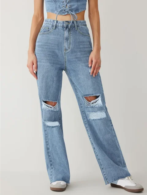 High Waist Straight Baggy Ripped Blue Womens Jeans 2