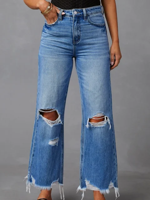Ripped Straight Wide Cropped Jeans High Waist Trousers 1