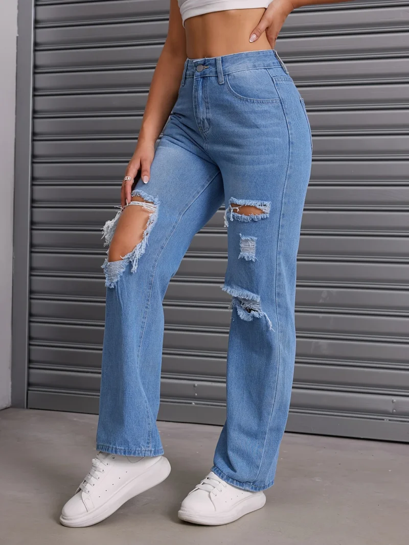 Ripped High Waist Straight Wide Leg Loose Fit Jeans 3