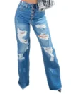 High-waisted Straight Pants Wide Leg Blue Ripped Jeans 3
