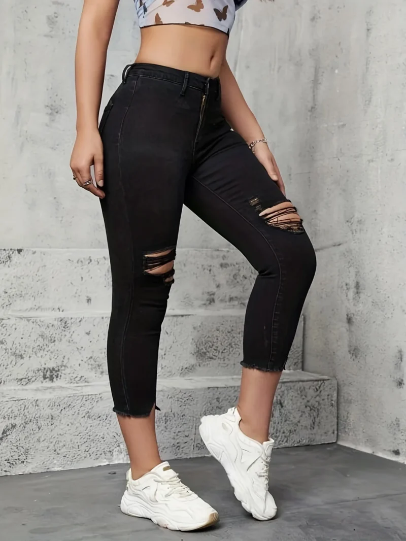 Ripped Cropped Lengths Stretch Black Jeans 2