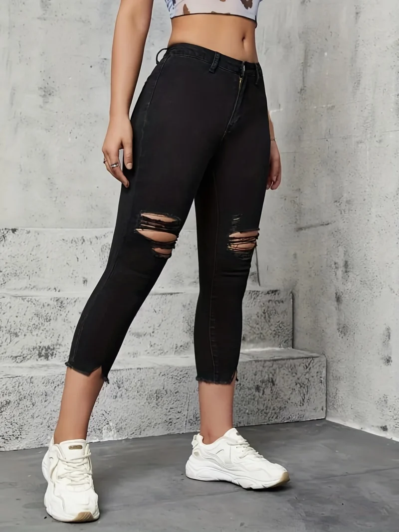Ripped Cropped Lengths Stretch Black Jeans 3