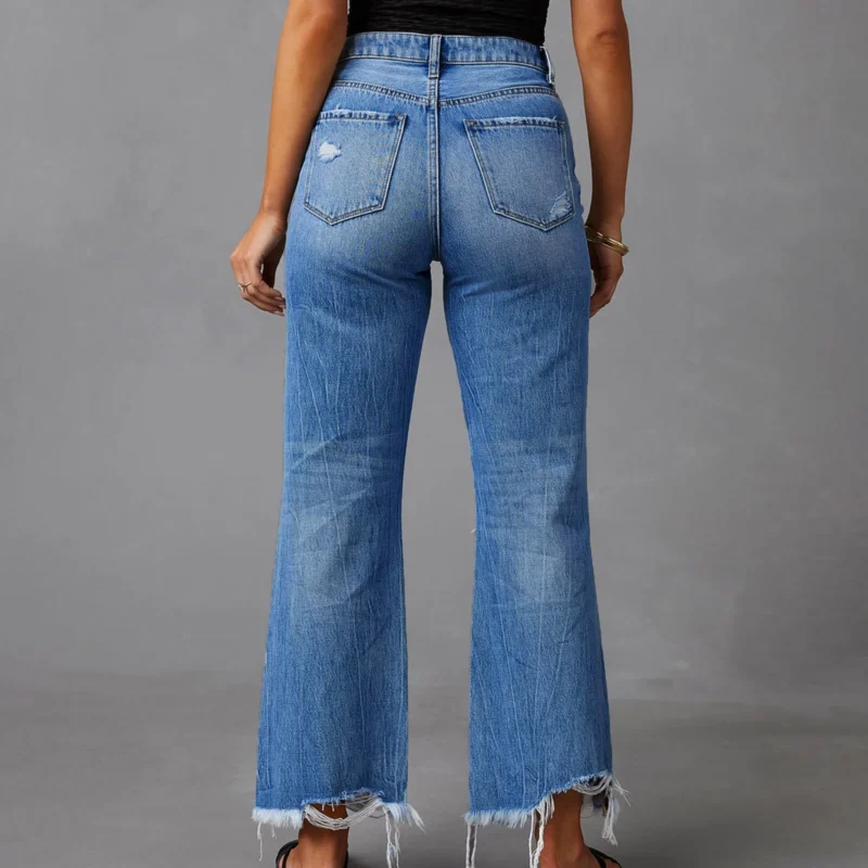 Ripped Straight Wide Cropped Jeans High Waist Trousers 2