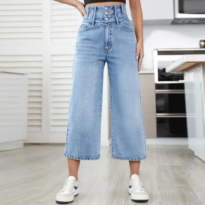 Double Waist Casual Loose Wide Cropped jeans 5