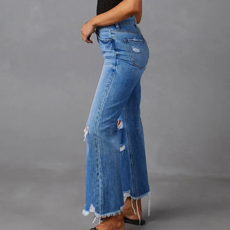 Ripped Straight Wide Cropped Jeans High Waist Trousers 3