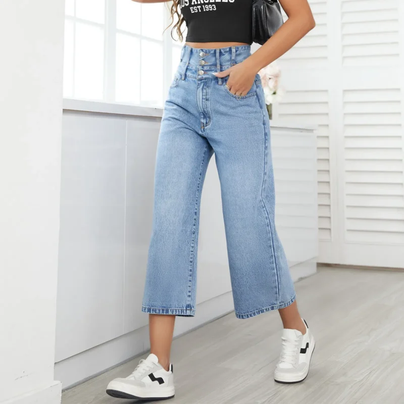 Double Waist Casual Loose Wide Cropped jeans 2