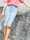 Buttons Bodycon Elastic Front Keen-Slit Denim Pencil Skirts High Waist 1