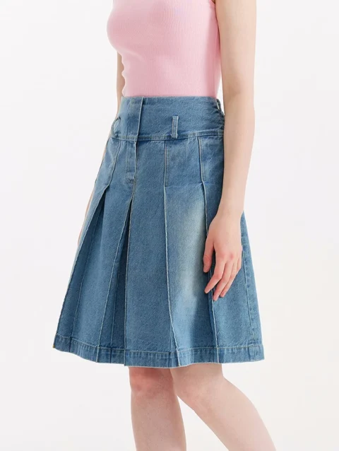 Denim Pleated Skirt Stylish Knee-length 5