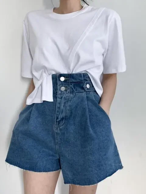 Loose Jeans Short Double Buttons Korean Style 7