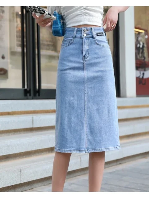 Denim A-lined Skirt Jeans High Waist Casual Knee-Length Office Lady Bodycon Skirt 2