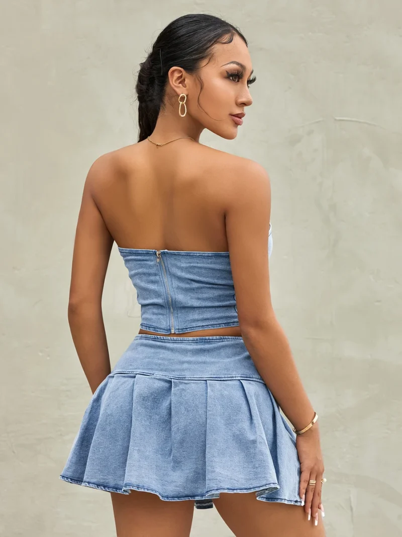 2PCS Sets Solid Color Sleeveless Off Shoulder Zipper Bandeau + Pleated Denim Skirt 2