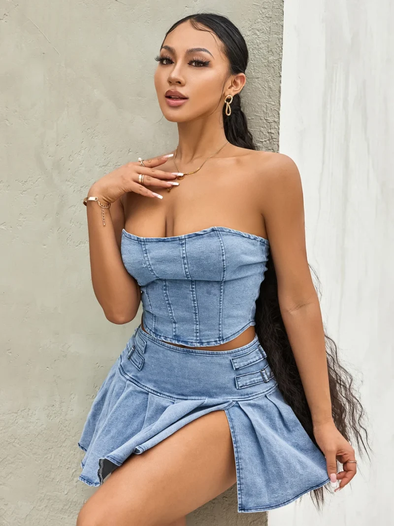 2PCS Sets Solid Color Sleeveless Off Shoulder Zipper Bandeau + Pleated Denim Skirt 4