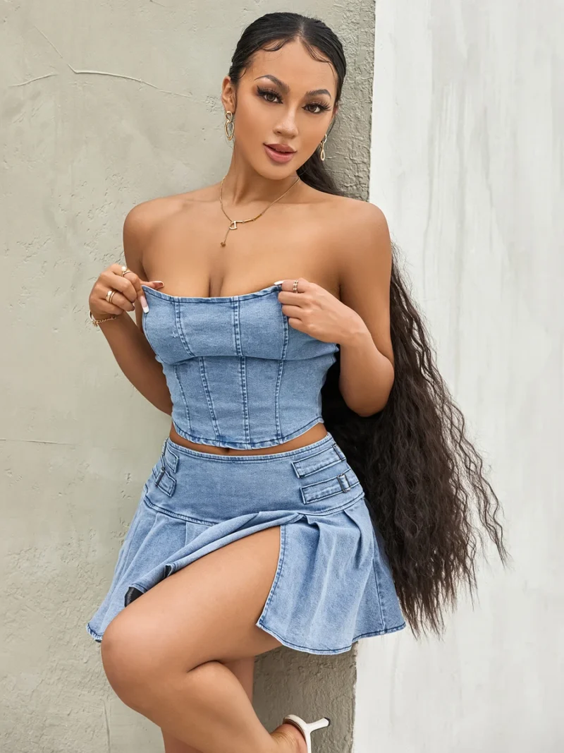 2PCS Sets Solid Color Sleeveless Off Shoulder Zipper Bandeau + Pleated Denim Skirt 3