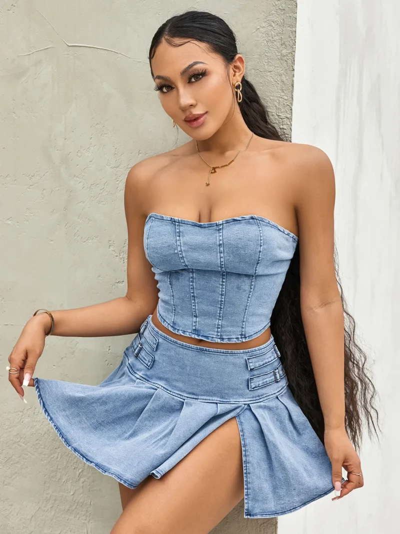 2PCS Sets Solid Color Sleeveless Off Shoulder Zipper Bandeau + Pleated Denim Skirt 1