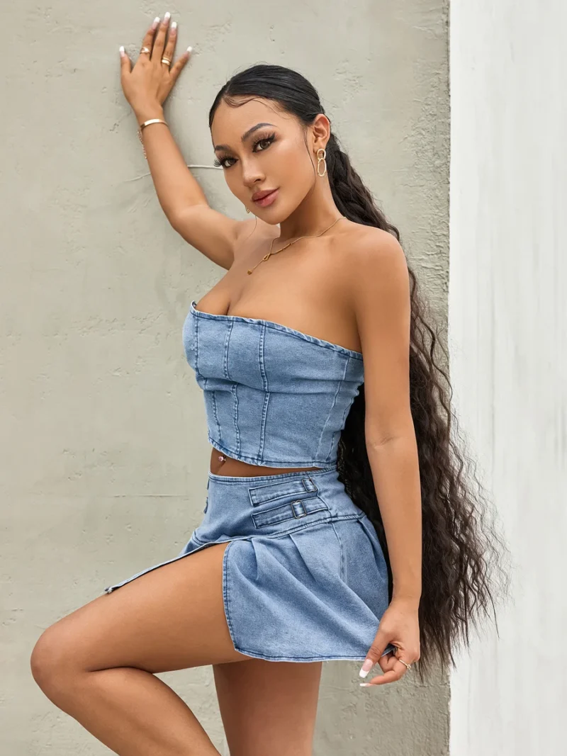 2PCS Sets Solid Color Sleeveless Off Shoulder Zipper Bandeau + Pleated Denim Skirt 5