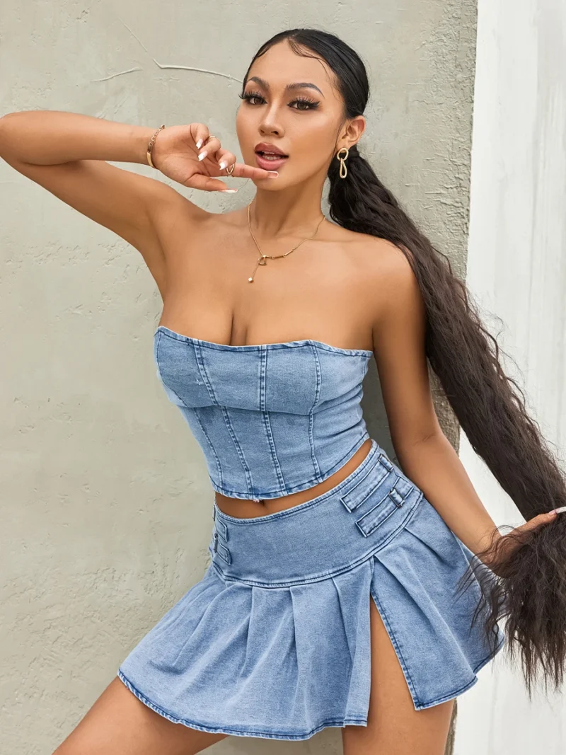 2PCS Sets Solid Color Sleeveless Off Shoulder Zipper Bandeau + Pleated Denim Skirt 6