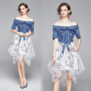 Women's Organza Stitching Irregular Denim Dress