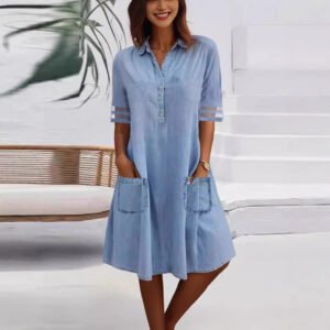 Mesh Stitching Solid Color Denim Short Sleeve Dress Dress